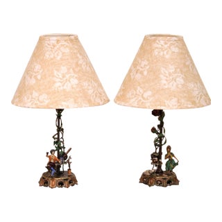 Mid-Century French Hand-Painted Figural Tole Table Lamps With Shades For Sale