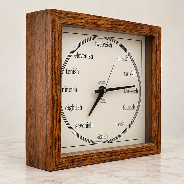 Vintage “Time Squared” wall clock featuring the whimsical “twelveish, oneish, twoish…” dial design, attributed to Los...