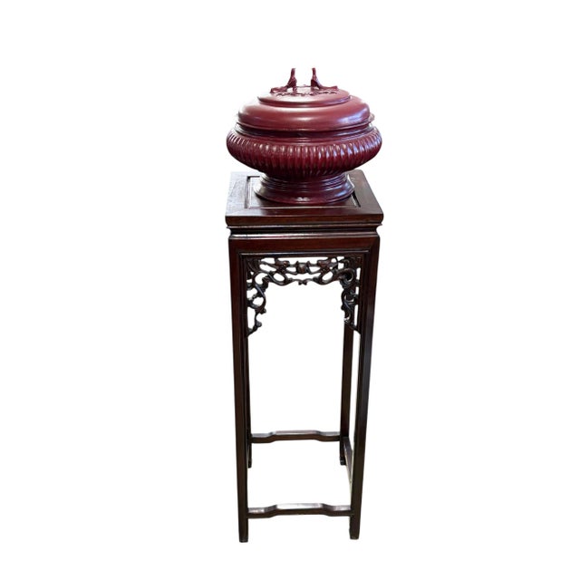 Superb 1960's solid rosewood pedestal stand display with elegant straight legs open wood work with two Chinese dragon...