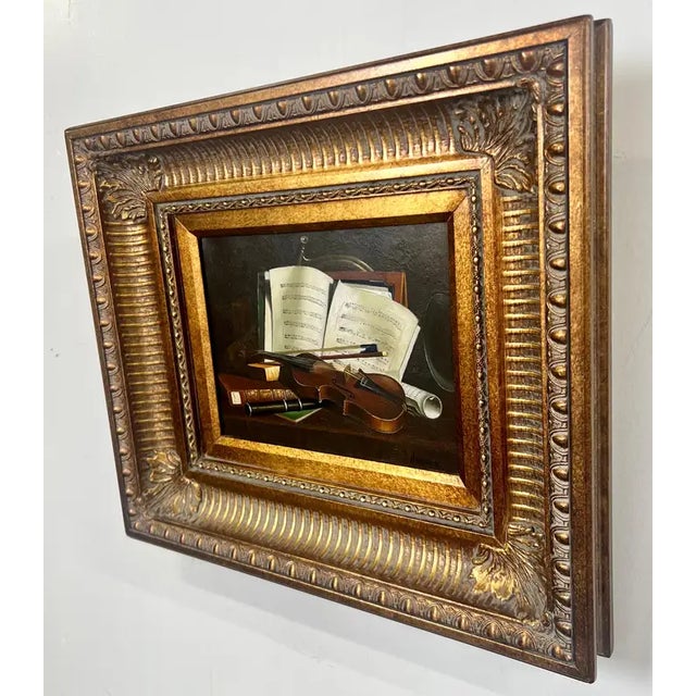 Still Life Violin & Sheet Music Oil on Canvas Signed Hessler, Framed 1900's For Sale In New York - Image 6 of 11