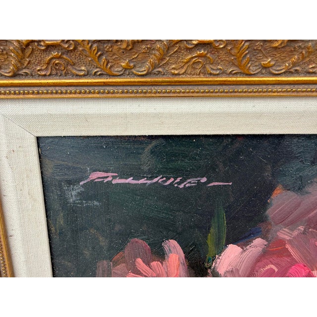 1960s American Giltwood Framed & Signed Floral Peonies Oil on Board - Still Life Roses For Sale - Image 4 of 6