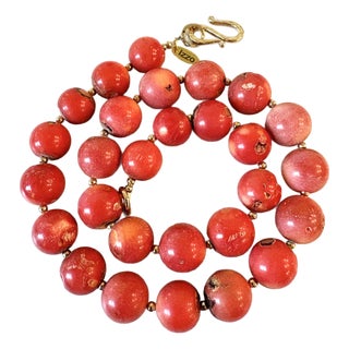 Coral Cherry Ball Beaded Necklace Hi With Gold Tone Spacers For Sale
