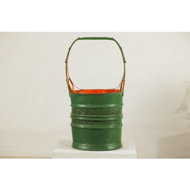 Antique Lacquered Metal Basket with Openwork Design in Green and Orange Finish For Sale - Image 17 of 18