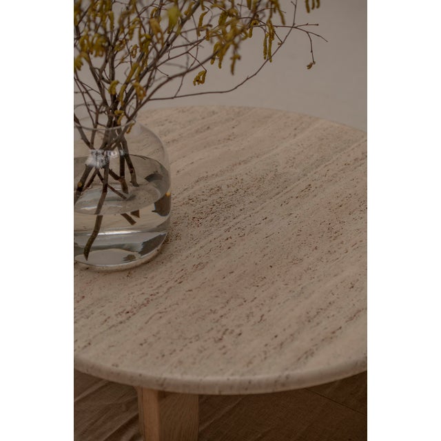 Brutalist Round Coffee Table in Travertine and Oak, 1960s For Sale - Image 4 of 11