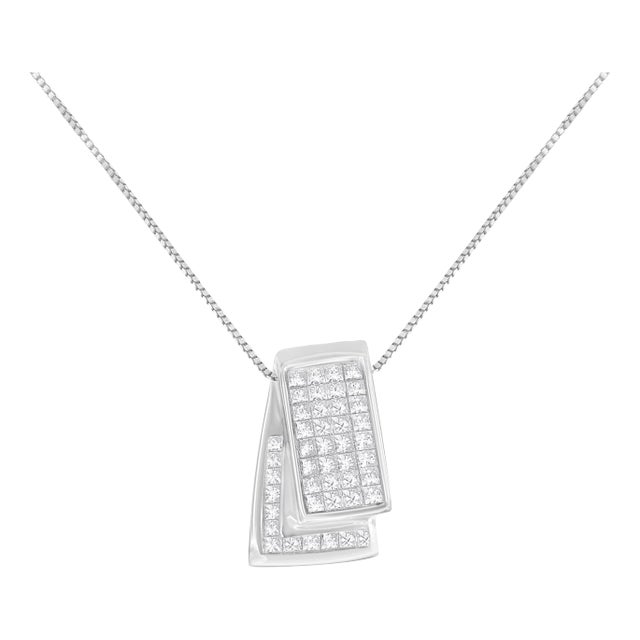 14KT White Gold Diamond Box Pendant Necklace (1 cttw, H-I Color, SI2-I1 Clarity) For Sale