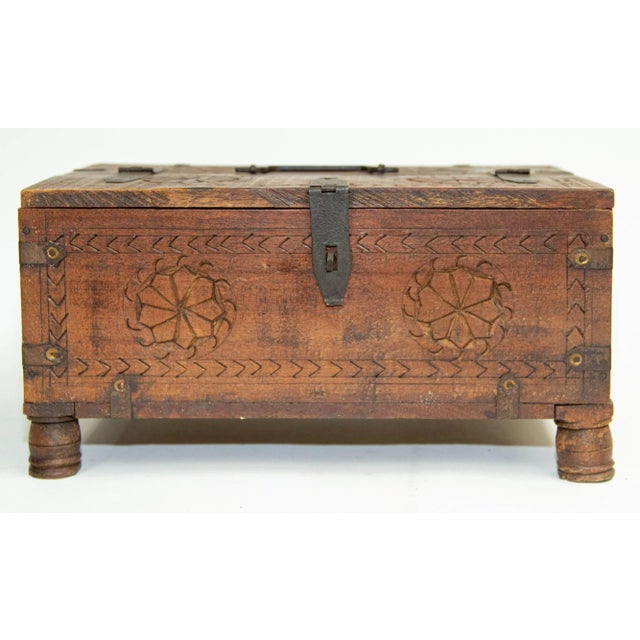 Antique Rajasthani Shekhawati Merchant's Footed Chest Box India 1900's. Early 20th Century Indian carved wood storage cash...