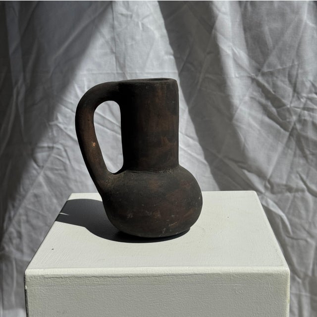 Black Ceramic Soliflore Vase with Indonesian Terracotta Handle, 1980s For Sale - Image 6 of 9