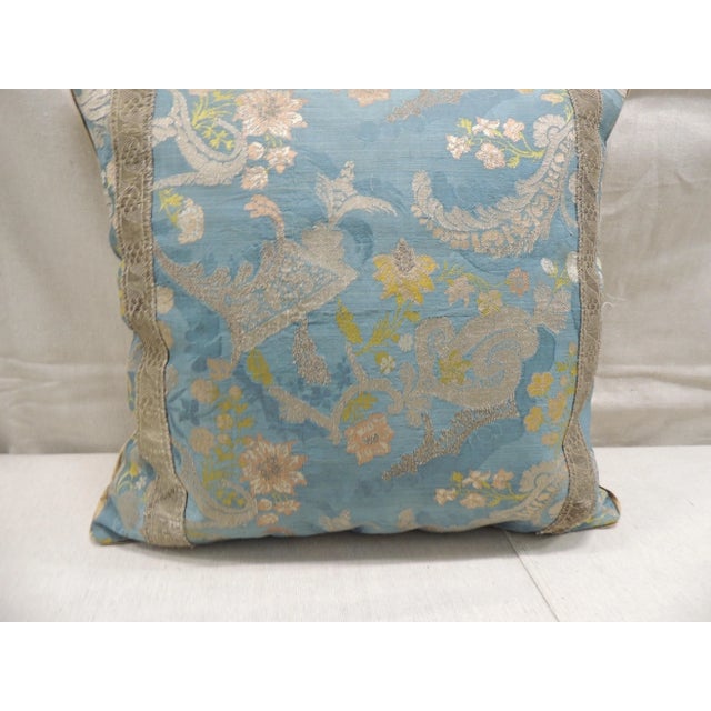 Antique Blue & Gold French Silk Embroidery Square Decorative Pillow For Sale In Tampa - Image 6 of 8