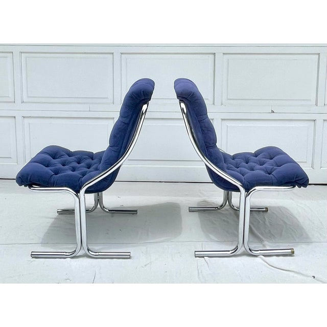 Pair of 1970's Blue Tufted Modern Chrome Lounge Side Chairs For Sale - Image 11 of 12