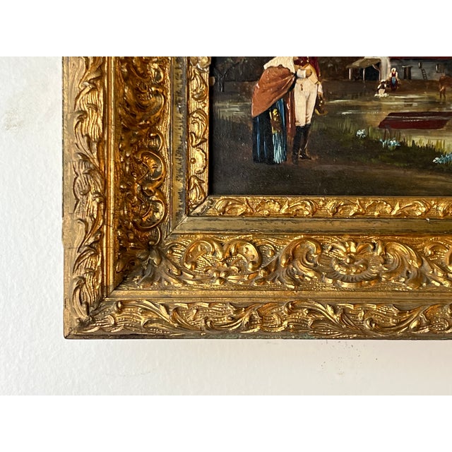 Textile Antique Oil on Canvas Small Format Painting of Military Officer Escorting an Old Woman C. 19th Century For Sale - Image 7 of 9