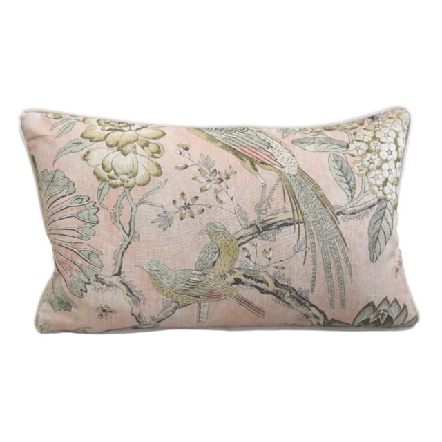 Pair of custom-tailored pillows in Thibaut Anna French "Villeneuve" linen fabric. Cream cotton-velvet fabric back. Custom...