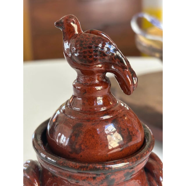 American 2000 Signed Foltz Redware Mini Lidded Jar With Bird Finial, Sponge Glaze *Repaired For Sale - Image 3 of 6