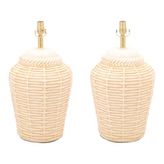 1960s Large Mid-Century Modern Ceramic Bamboo Motif Lamps - a Pair For Sale