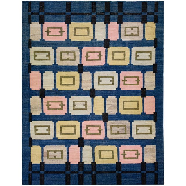 Textile 2020s Flatweave Kilim Wool Rug Mid-Century Modern Style in Blue For Sale - Image 7 of 7
