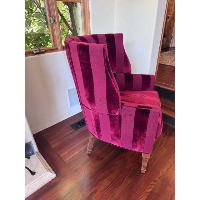 Curved wing armchair with single welt trim. Fabric by Zimmer & Rohde Morea #5061