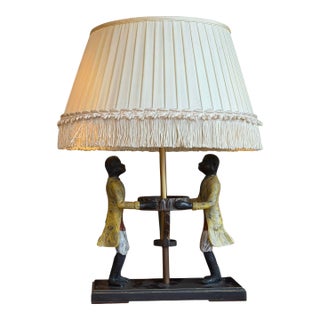 Singerie Chinoiserie Style Cold Painted Bronze 2 Monkey Lamp W Linen Shade For Sale