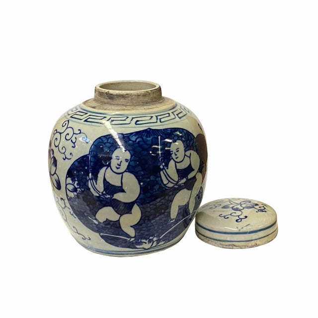 Chinese Oriental Small Blue White Twin Kids Porcelain Ginger Jar For Sale - Image 4 of 5
