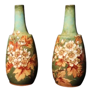 English Pottery Vases Decorated With Flowers and Leaves, Doulton
