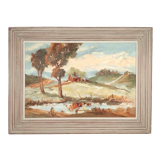 Mid 20th Century Vintage Painting Countryside Landscape Farm Barn Large Signed For Sale