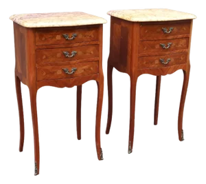 Antique Pair of French Louis XV Style Inlaid Side Tables or Nightstands.