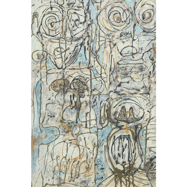 Midcentury abstract expressionist painting with looping linework and layered, textural pigment. The movement and mark-...