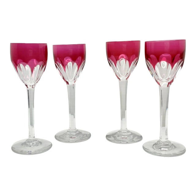2000s Baccarat Harcourt Genova Ruby Crystal Stemmed Cordial Liqueur Shot Glasses- Set of 4 For Sale