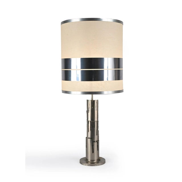Italian hand made space age regency lamp. base in steel, hand cut with torch. Paper shade in rice paper with steel...