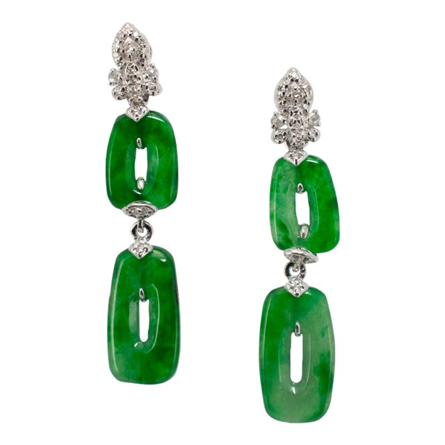 18k White Gold 2.50ct Green Myanmar Jadeite Jade Diamond Dangle Earrings, A Pair For Sale