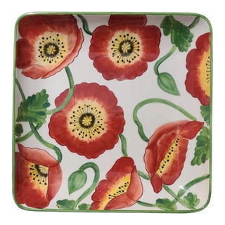 Late 20th Century Hand Painted Floral "Red Poppies" Large Square Center Piece Platter For Sale