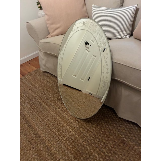 Vintage 1957 Mid-Century Venetian Art Deco Oval Wall Mirror - Frosted & Etched Floral Glass Border, Smooth Wood Backing For Sale - Image 12 of 14
