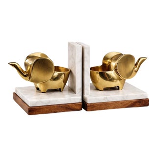 1970s Modern Solid Brass Elephant Bookends With Marble & Walnut Bases For Sale