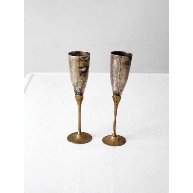 Mid 20th Century Vintage Brass & Silver Plated Champagne Flutes Pair For Sale - Image 5 of 11