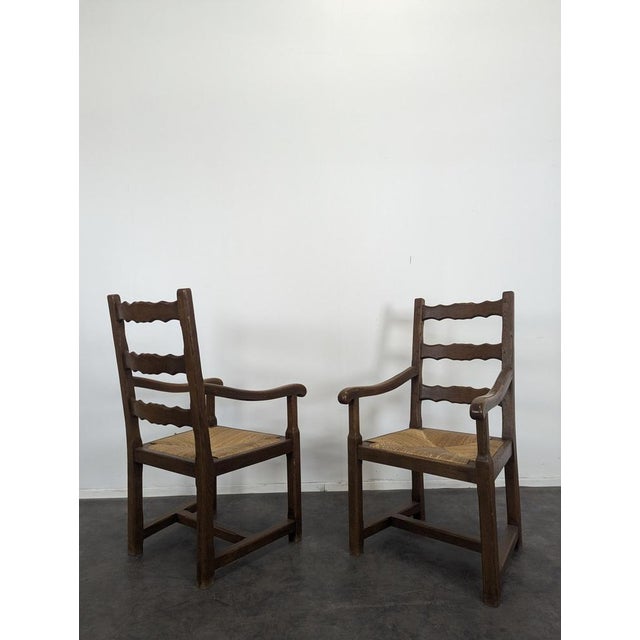 Rustic Oak Armchairs with Straw Seats, Set of 2 For Sale - Image 3 of 5