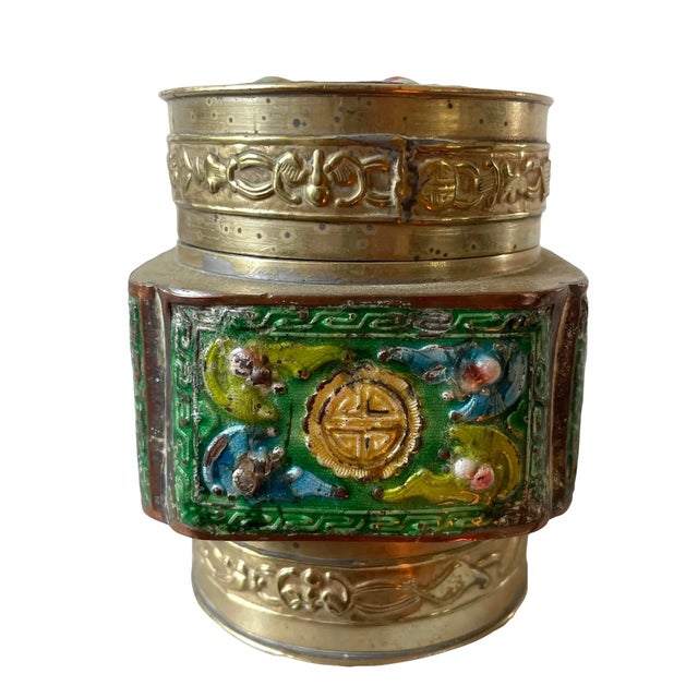Chinese Antique Chinese Brass and Enamel Tea Canister For Sale - Image 3 of 7