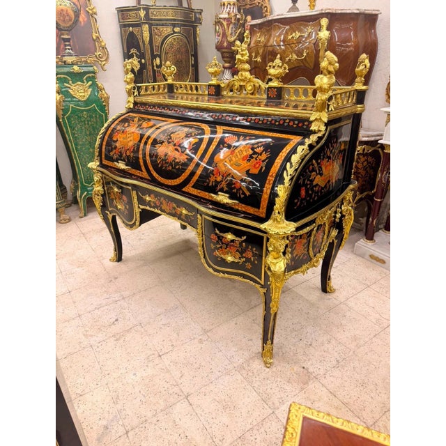 1960s 1960s Museum Quality Rococo Marquetry Secretary Black & Gold Writing Bureau For Sale - Image 5 of 10