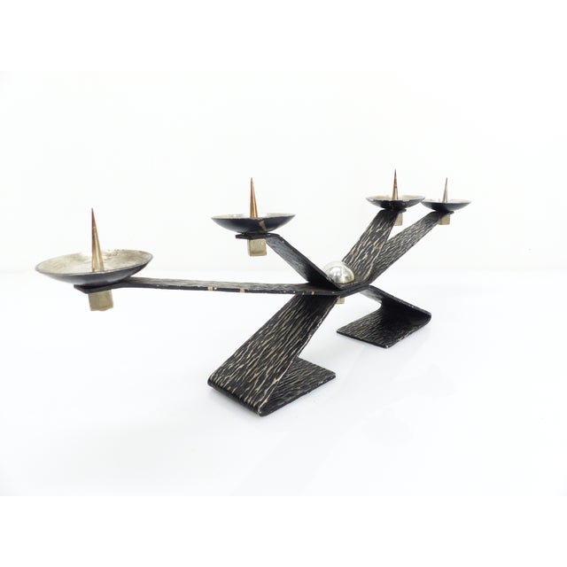 Brutalist Modernist Brutalist Chandelier with Four Blackened Hammered Metal Spikes, Europe, 1970 For Sale - Image 3 of 10