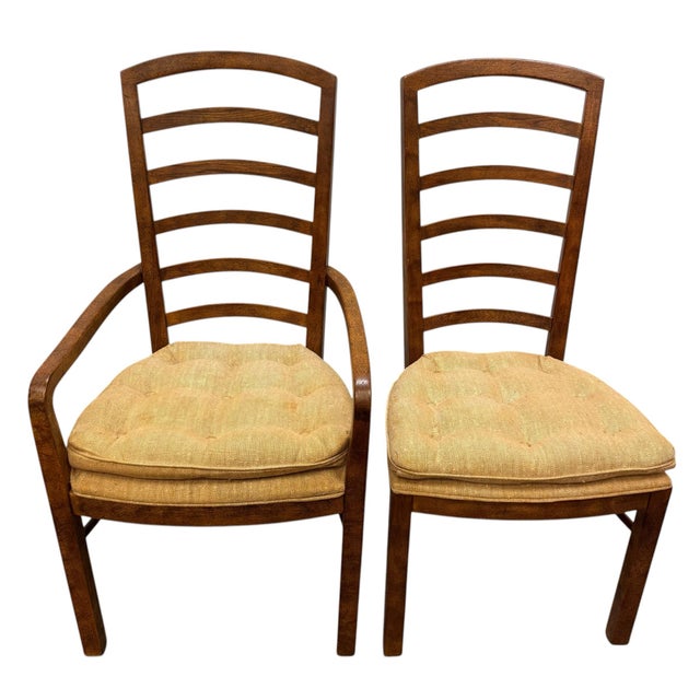 Drexel Vintage Drexel Heritage Accolade II Collection Campaign Style Walnut Ladder Back Dining Chairs - Set of 8 For Sale - Image 4 of 12