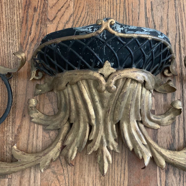 Antique French Black and Gold Tole Wall Mounted Wall Pocket Candelabra For Sale - Image 4 of 9