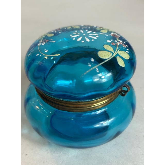 Antique Victorian Attributed to Moser Vanity Powder Jar Painted Blue Bohemian Glass Brass Hinge For Sale - Image 10 of 12