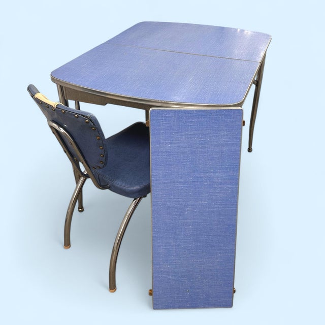 Vintage 1950s Blue Formica Kitchen Table W/ Leaf & Chair – Chrome Legs – Mid Century Dinette Set – Atomic Style – Expandable For Sale - Image 9 of 9
