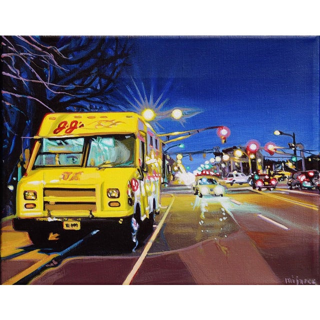 JJ's Hot Dog Truck II by Maria Mijares | Acrylic on Linen Yellow food truck on a city street at night For Sale