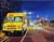 JJ's Hot Dog Truck II by Maria Mijares | Acrylic on Linen Yellow food truck on a city street at night For Sale