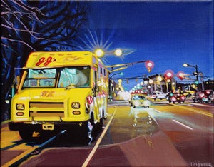 JJ's Hot Dog Truck II by Maria Mijares | Acrylic on Linen Yellow food truck on a city street at night