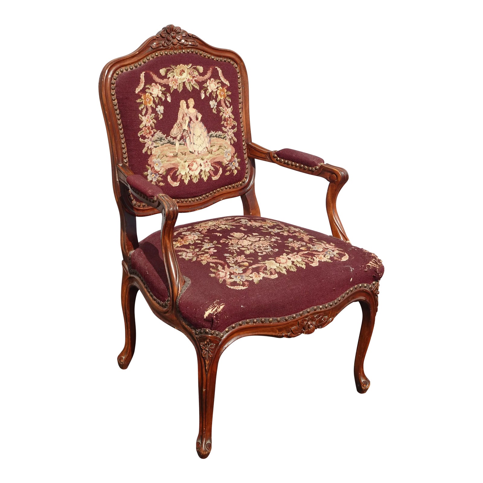 Vintage French Provincial Burgundy Needlepoint Tapestry Chair | Chairish