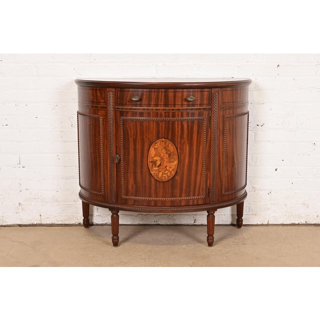 Imperial Furniture French Regency Louis XVI Mahogany and Inlaid Marquetry Demilune Cabinet, Newly Refinished For Sale - Image 14 of 14
