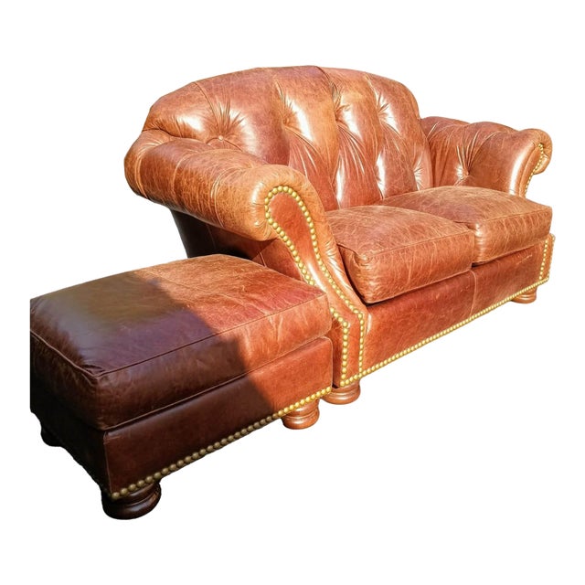 Elevate Your Living Space With the Timeless Elegance of This Thomasville Chesterfield Leather Sofa and Matching Ottoman. For Sale
