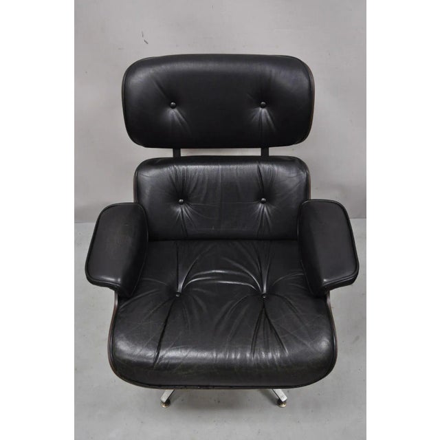Vintage Selig Plycaft Black Leather Eames Style Walnut Swivel Tilt Lounge Chair For Sale - Image 12 of 13