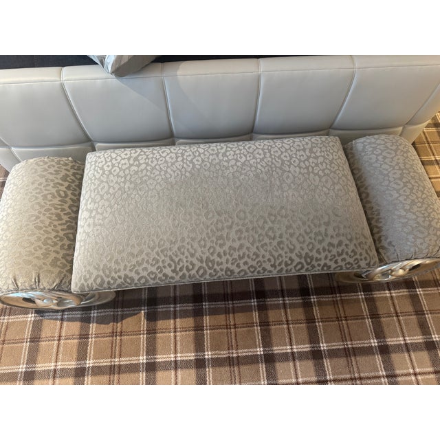 Art Nouveau Custom Silver Grey Bench With Leopard Printed Fabric and Beautiful Curved Arms For Sale - Image 3 of 5
