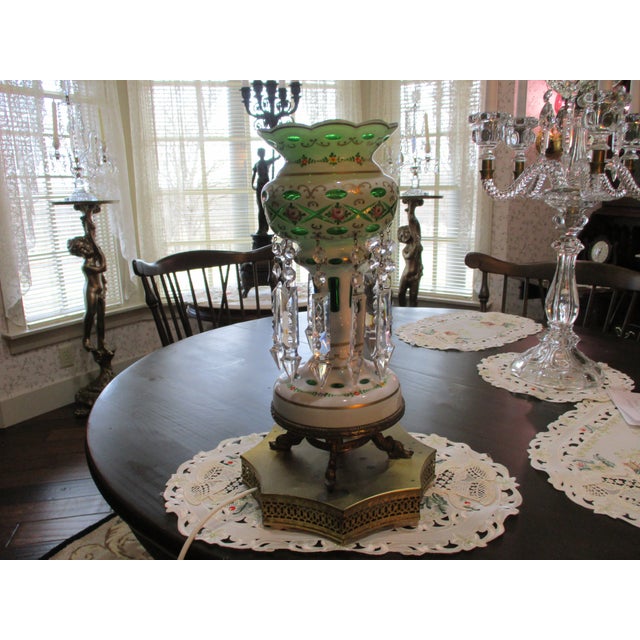 Antique Moser Bohemian Czech Cut to Green Enamel Serpent Feet Luster Lamp W./ 10 Large Prisms For Sale - Image 4 of 11