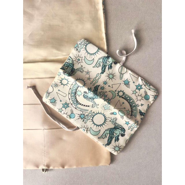 Asian Antique Vintage Astrology Satin Lingerie Bags Set by Andre Richard | Aquarius Zodiac Print with Saturn & Comets | Mid-Century Boudoir Pouches For Sale - Image 3 of 7